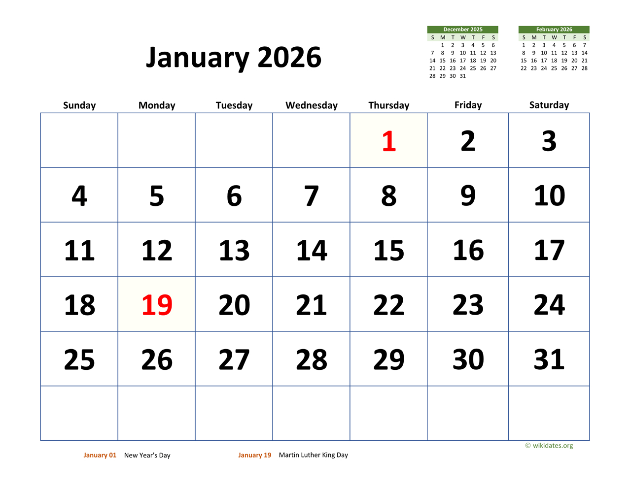 Monthly 2026 Calendar With Extra-Large Dates | Wikidates regarding January 2026 Calendar Printable Wiki
