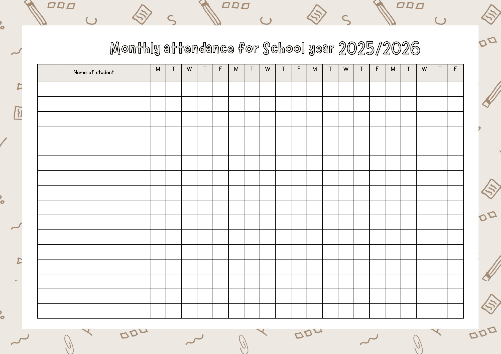 Monthly Attendance List For School Year 2025/2026 for 2026 Attendance Sheets
