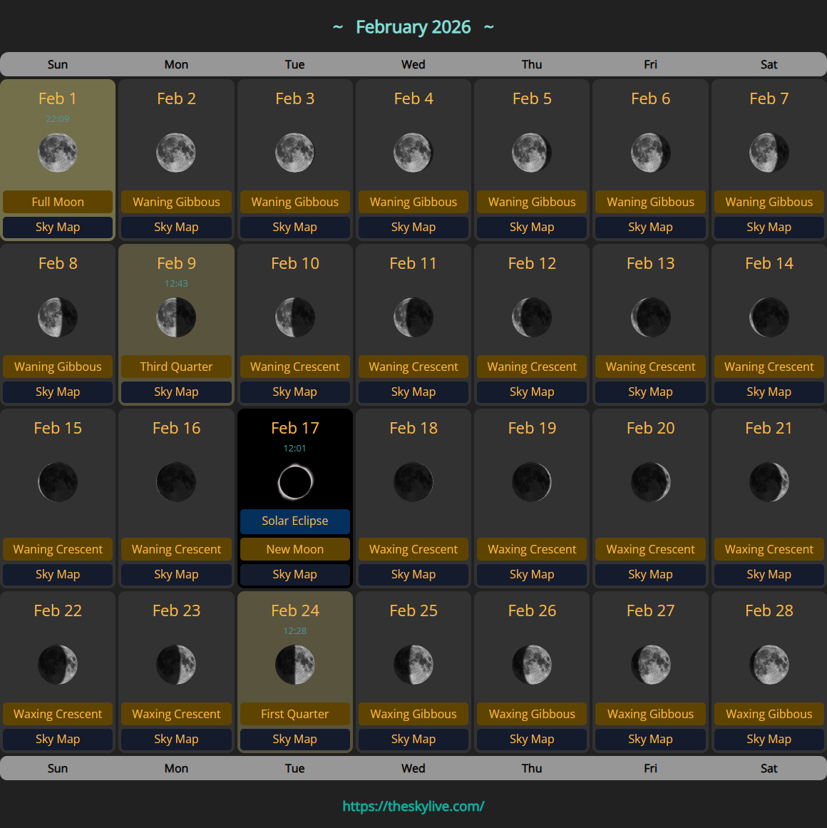 Moon Calendar: February 2026 | Theskylive inside Moon Phase Calendar 2026 February