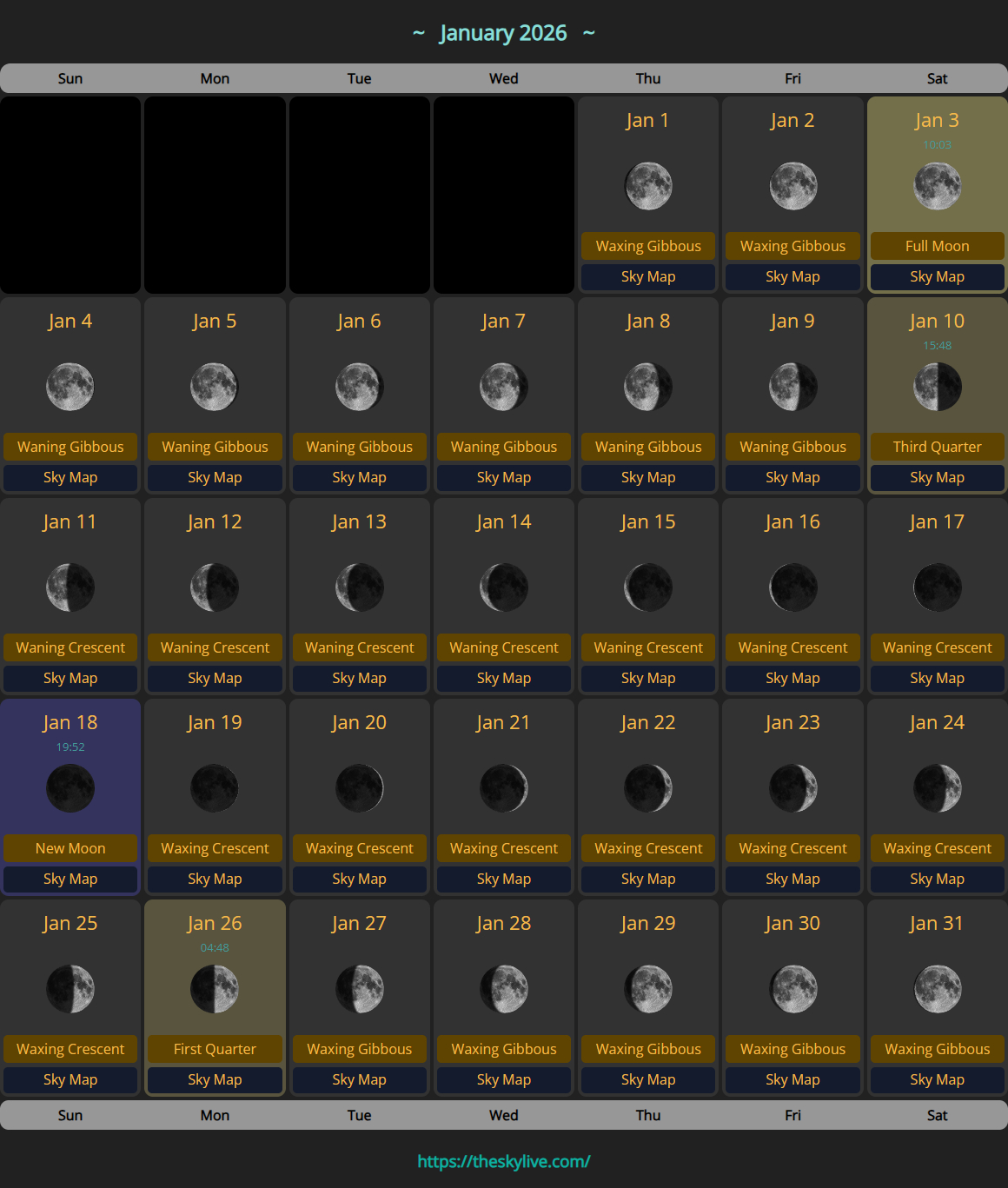 Moon Calendar: January 2026 | Theskylive in Full Moon Calendar January 2026