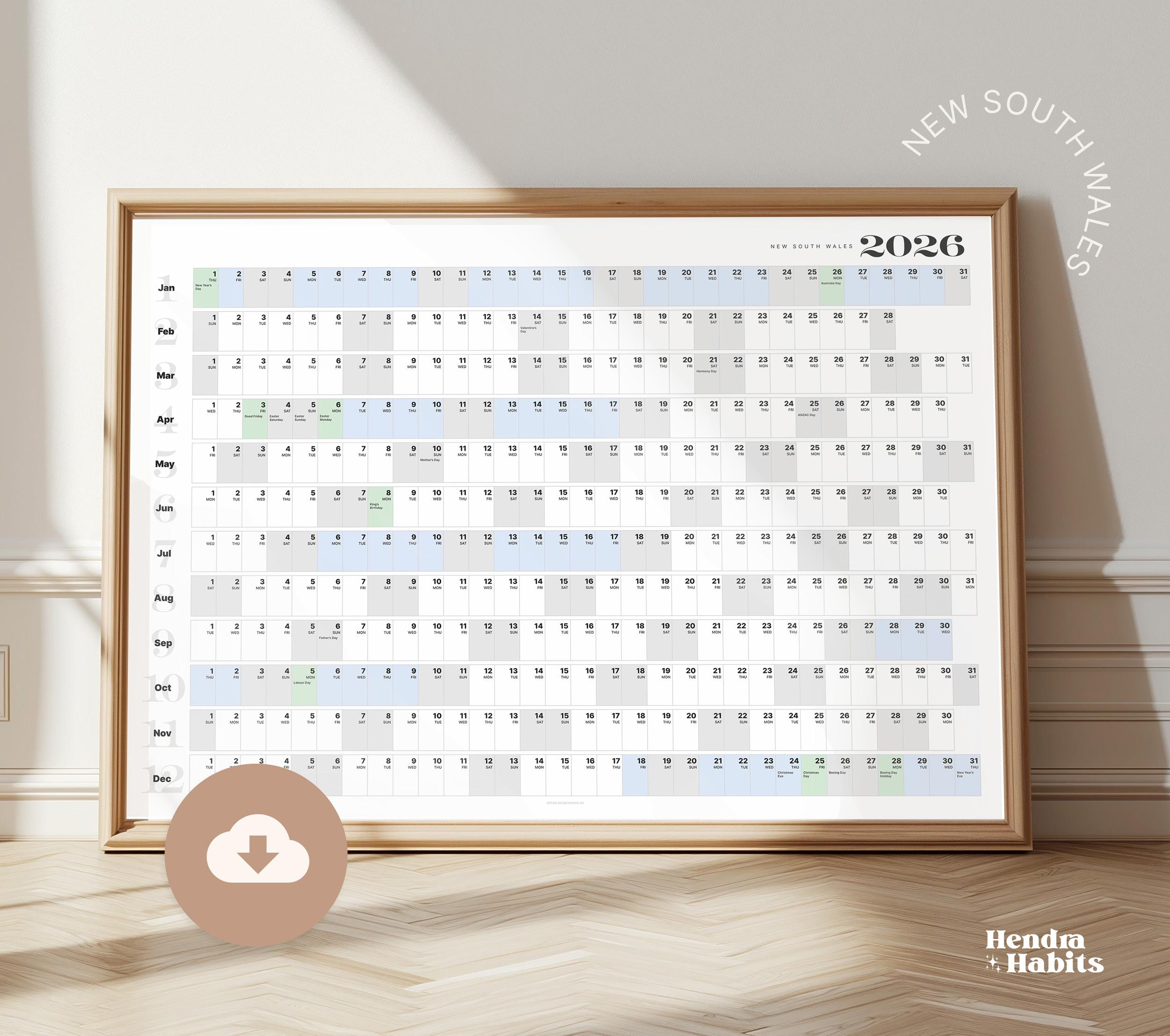New South Wales, Australia Calendar 2026 | Wall Planner ~ Includes in NSW Catholic School Holidays 2026 Calendar