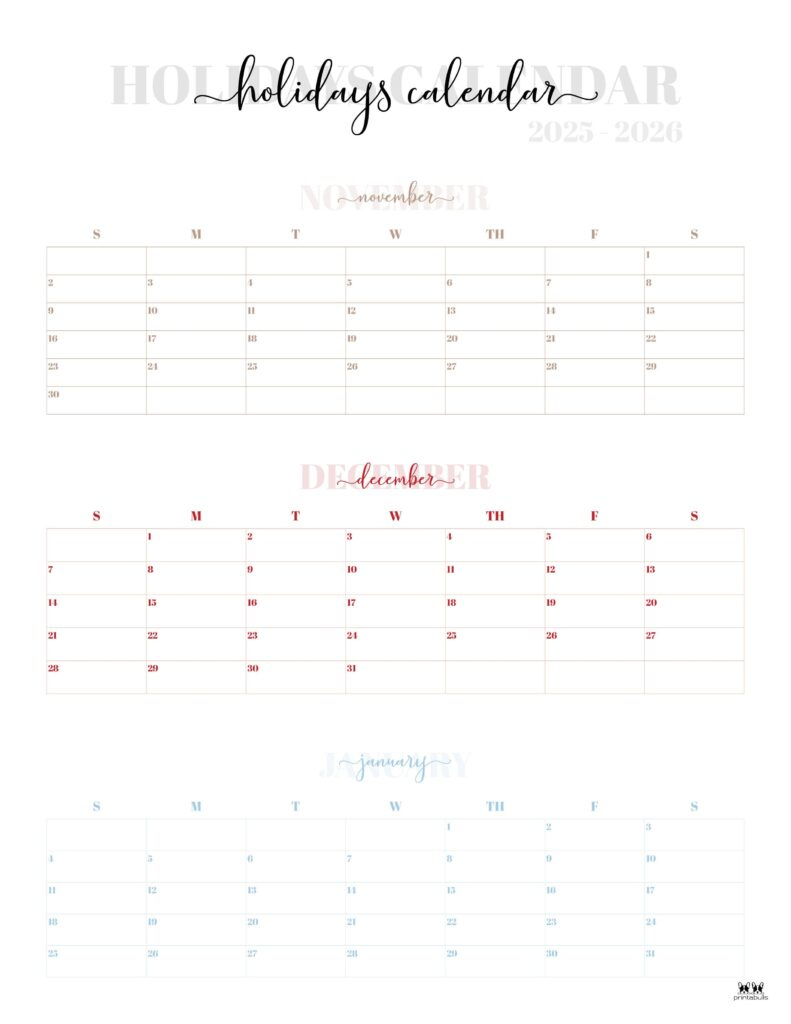 November December 2025 Calendars - 28 Printables | Printabulls with regard to Printable 3 Month Calendar November December 2025 - January 2026
