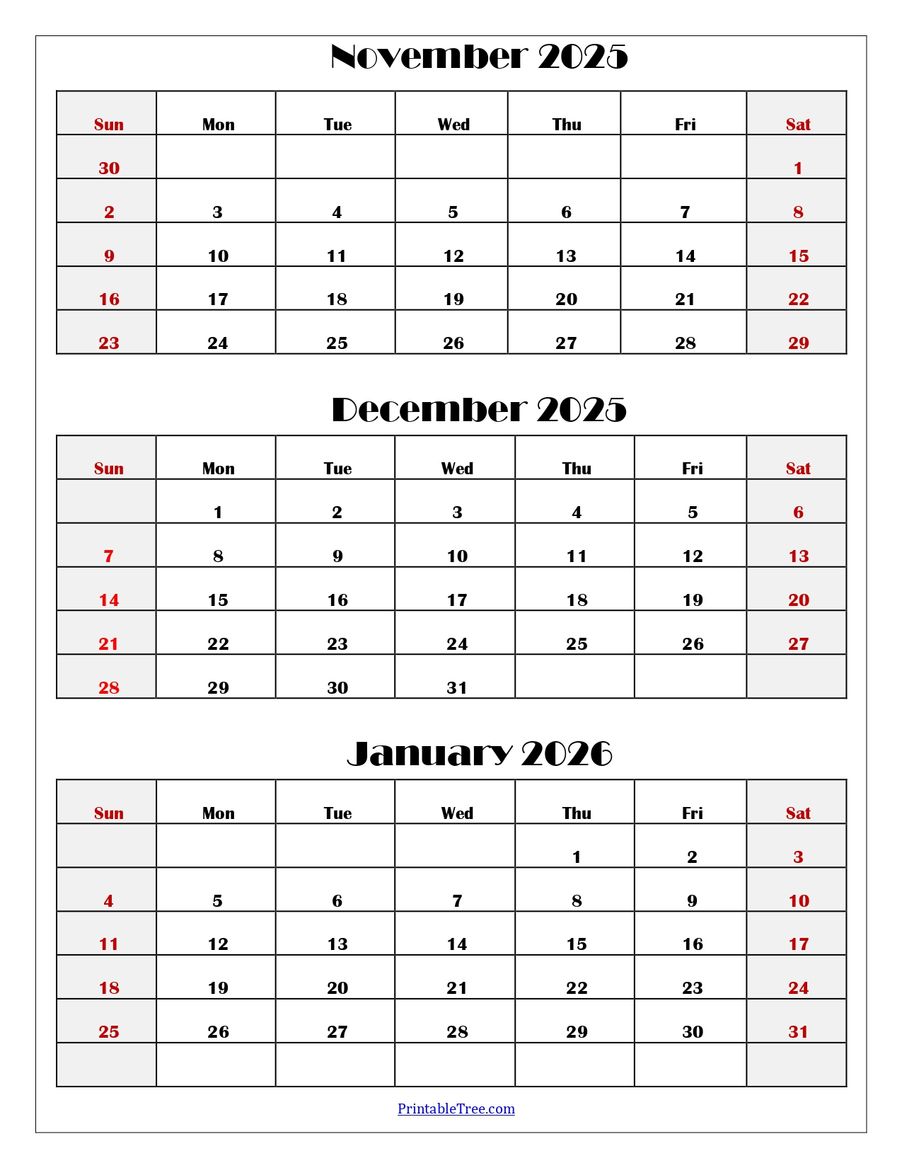 November To January 2026 Calendar Printable Pdf | Three Months intended for November December 2025 - January 2026 Printable Calendar