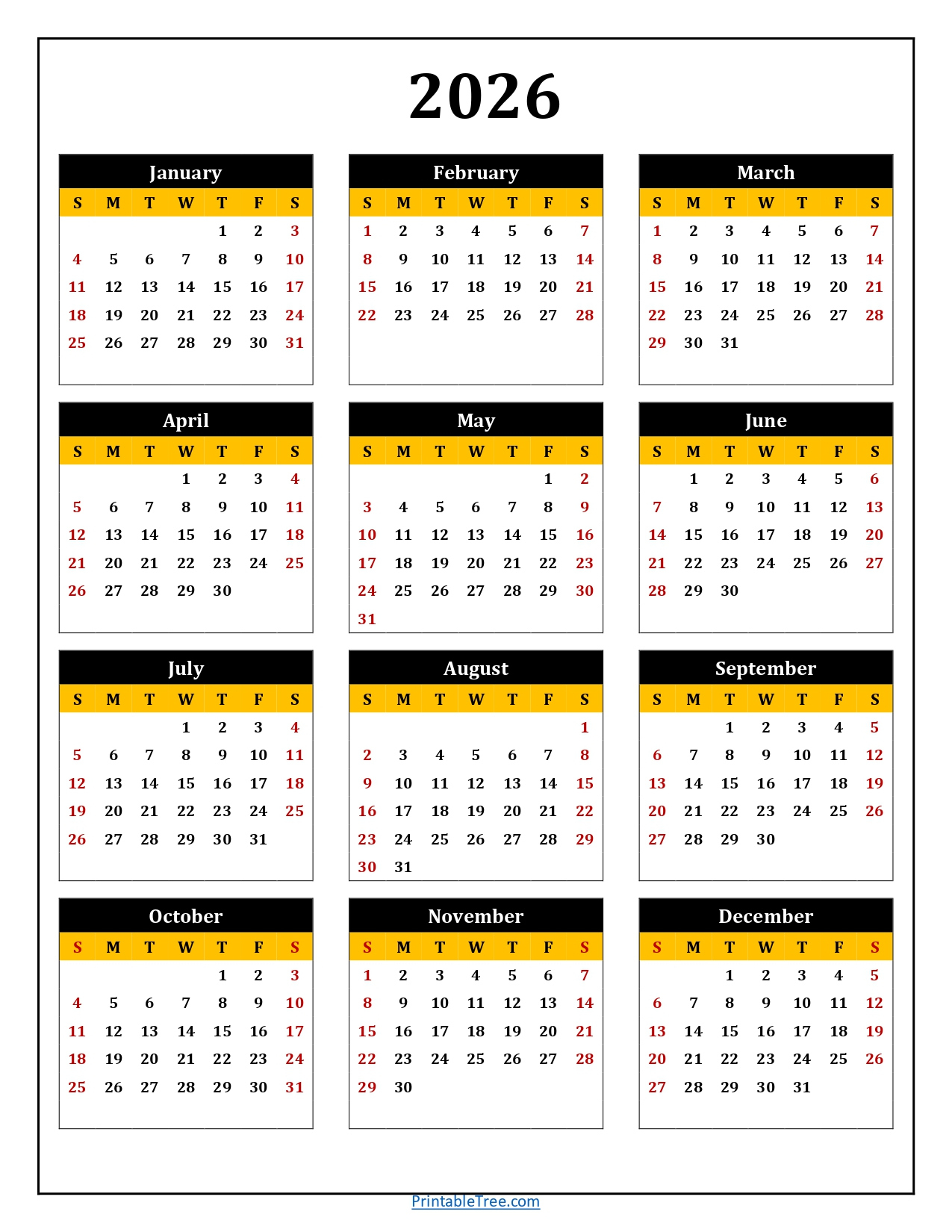 Printable Calendar 2026 One Page With Holidays (Single Page) 2026 in Calendar For Year 2026