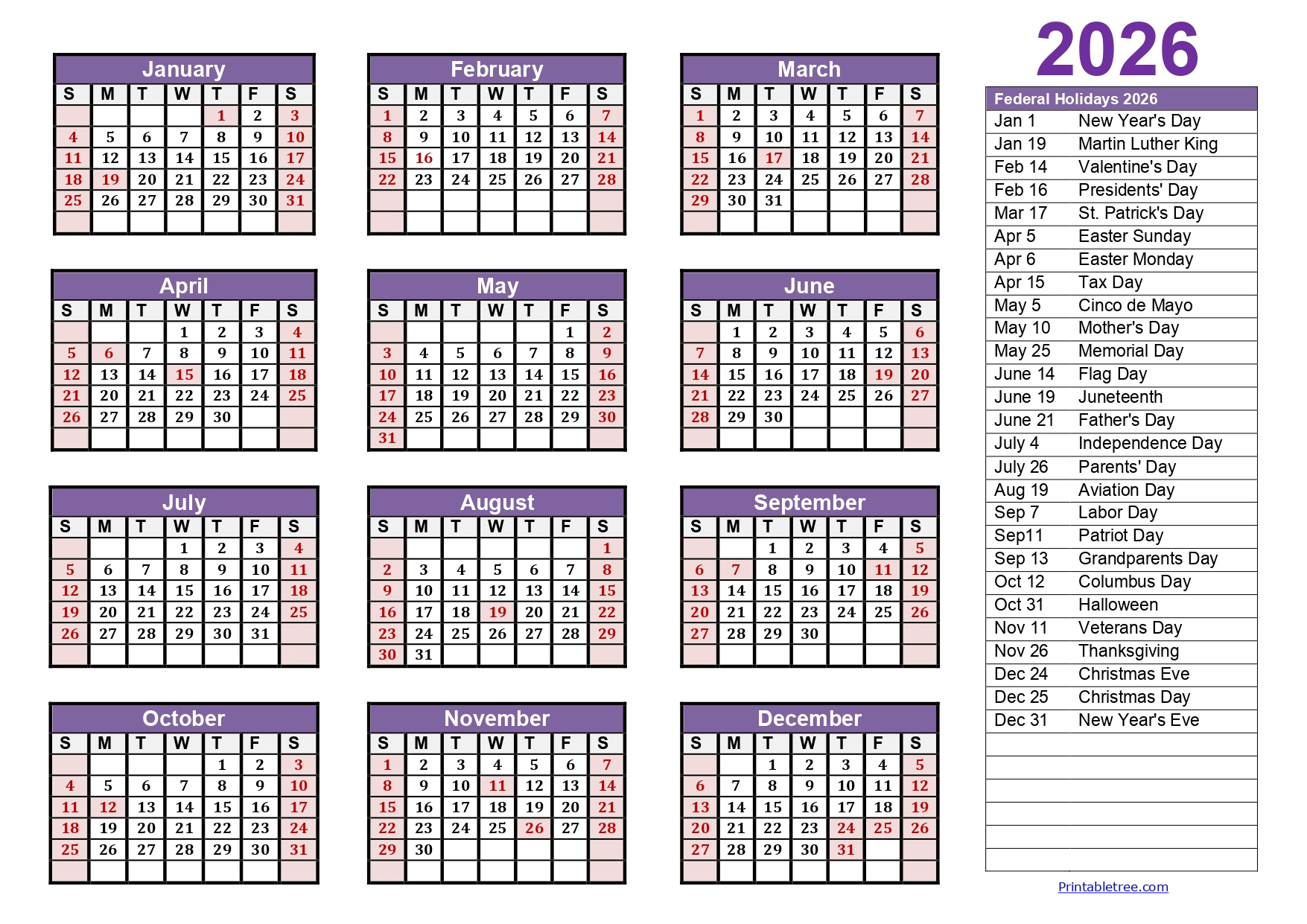 Printable Calendar 2026 One Page With Holidays (Single Page) 2026 with Julian Date Calendar For Year 2026