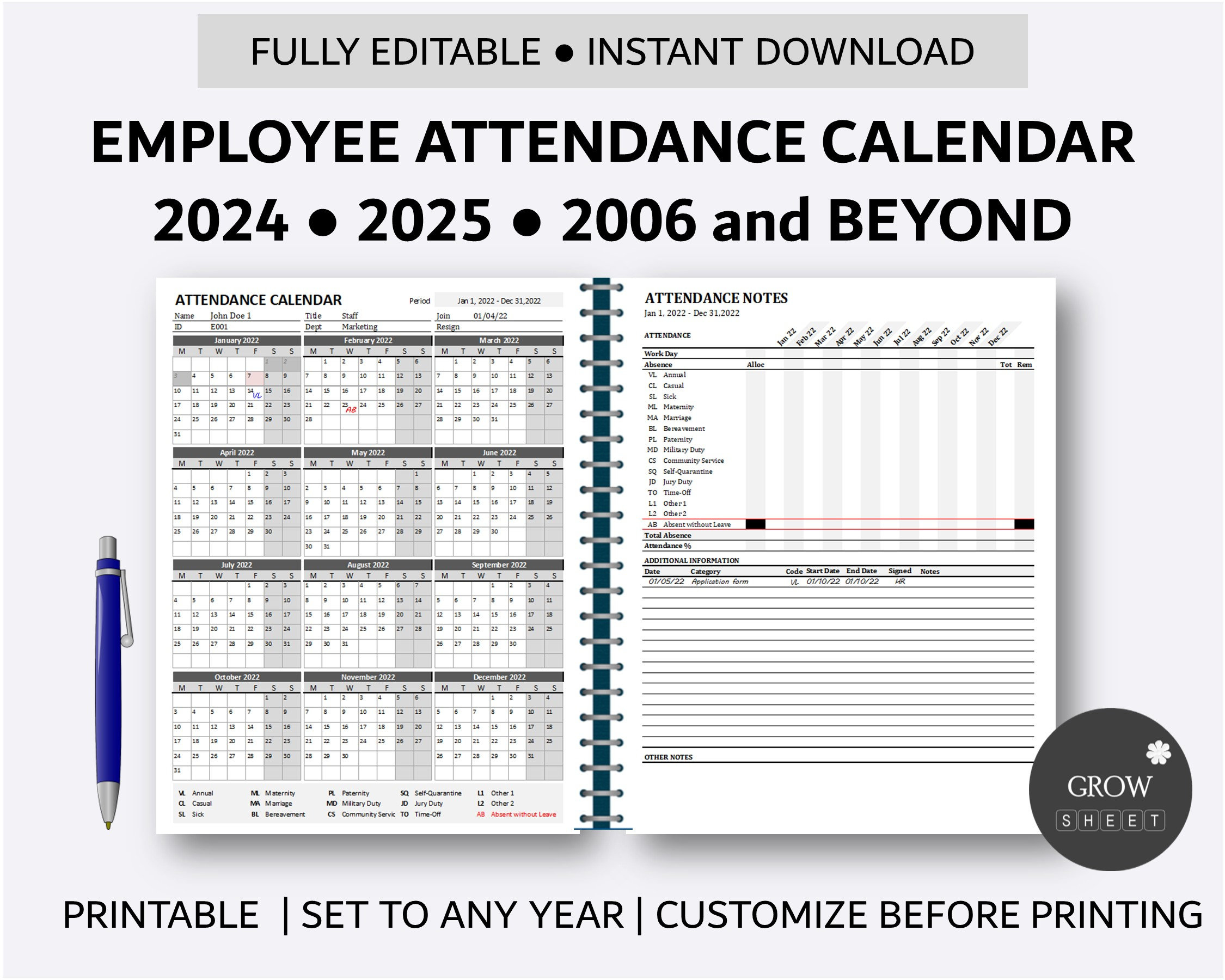 Printable Employee Attendance Calendar | Custom Attendance with Employee Attendance Summary 2026