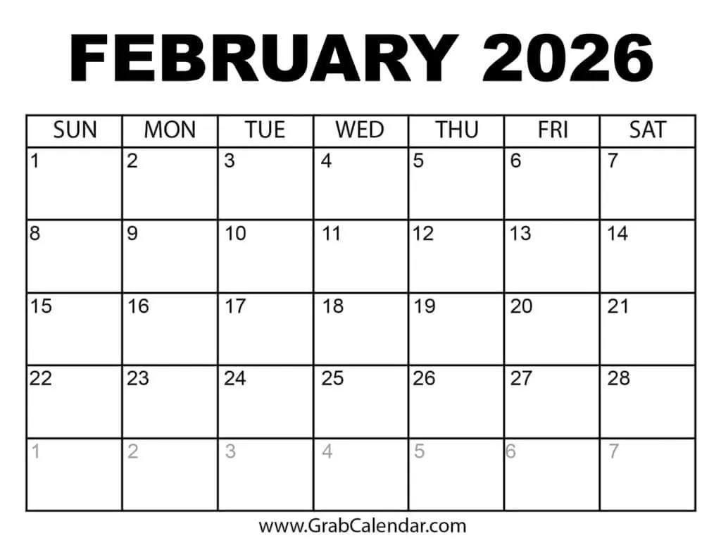 Printable February 2026 Calendar inside January 2026 February Calendar Printable
