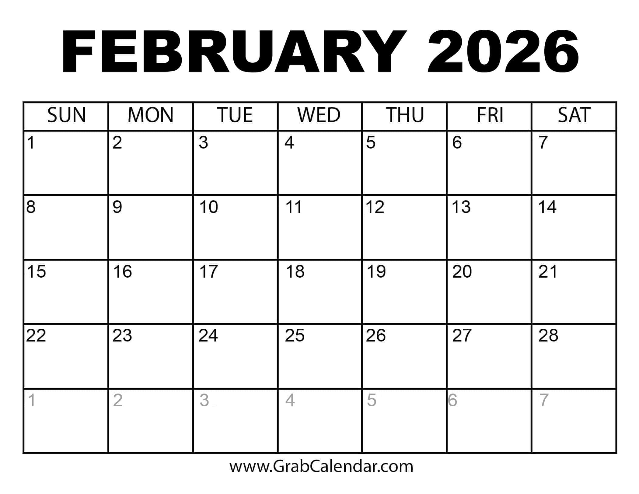 Printable February 2026 Calendar with February 2026 Calendar Page