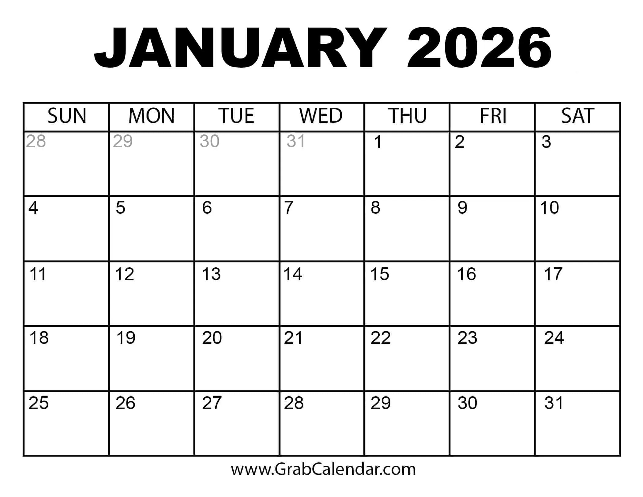 Printable January 2026 Calendar inside January 2026 Calendar Printable