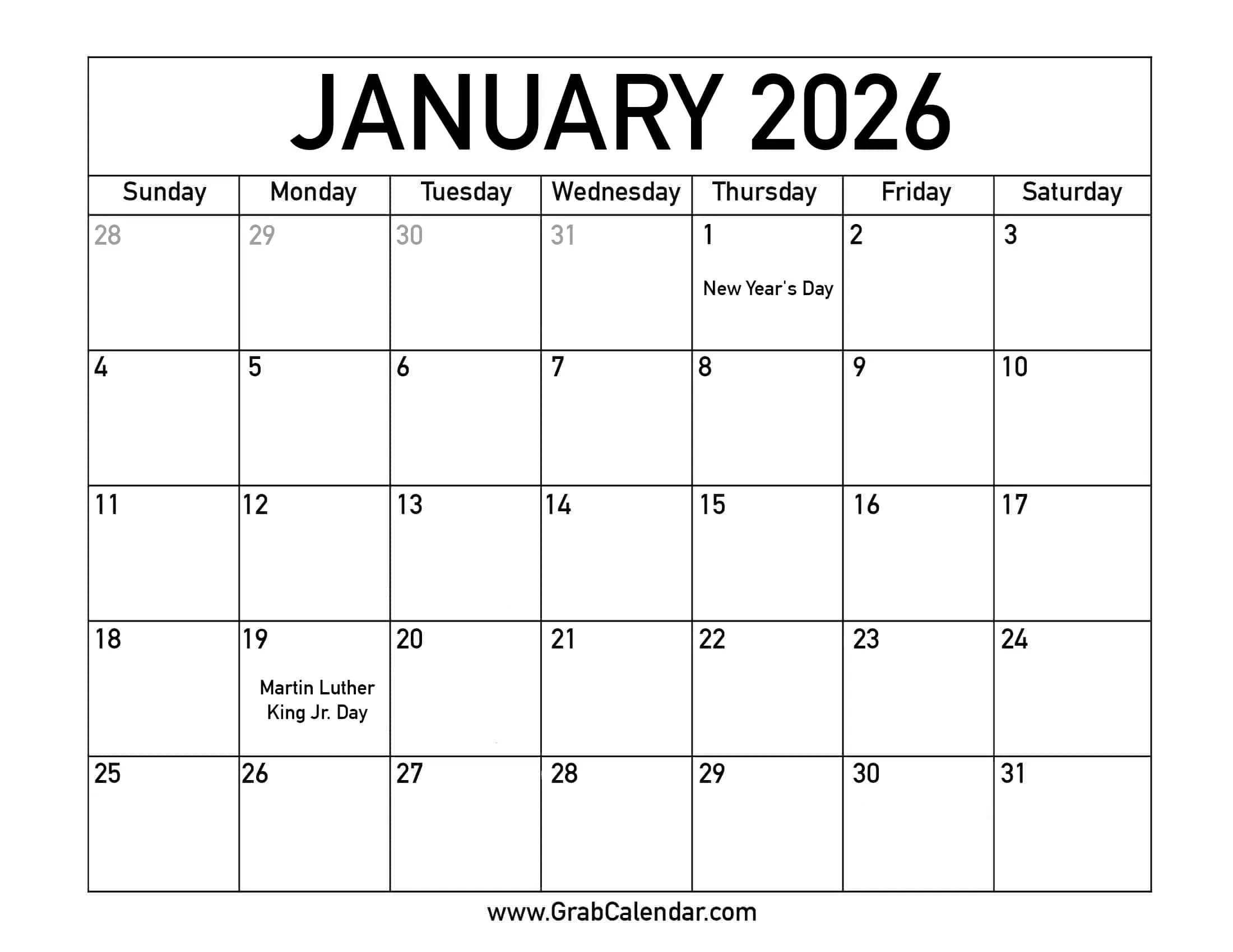 Printable January 2026 Calendar with regard to January 2026 Calendar Printable With Holidays