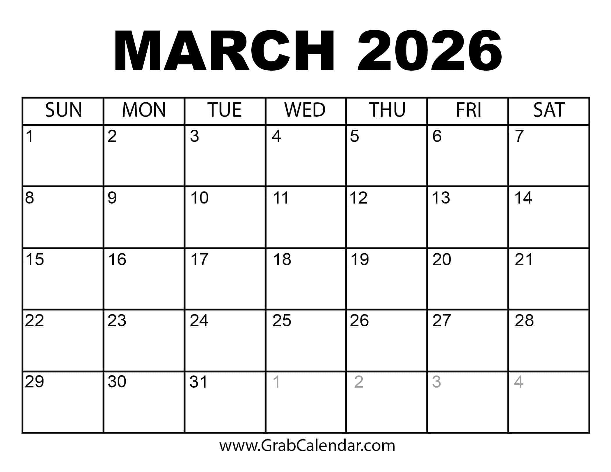 Printable March 2026 Calendar within January February March 2026 Calendar Printable