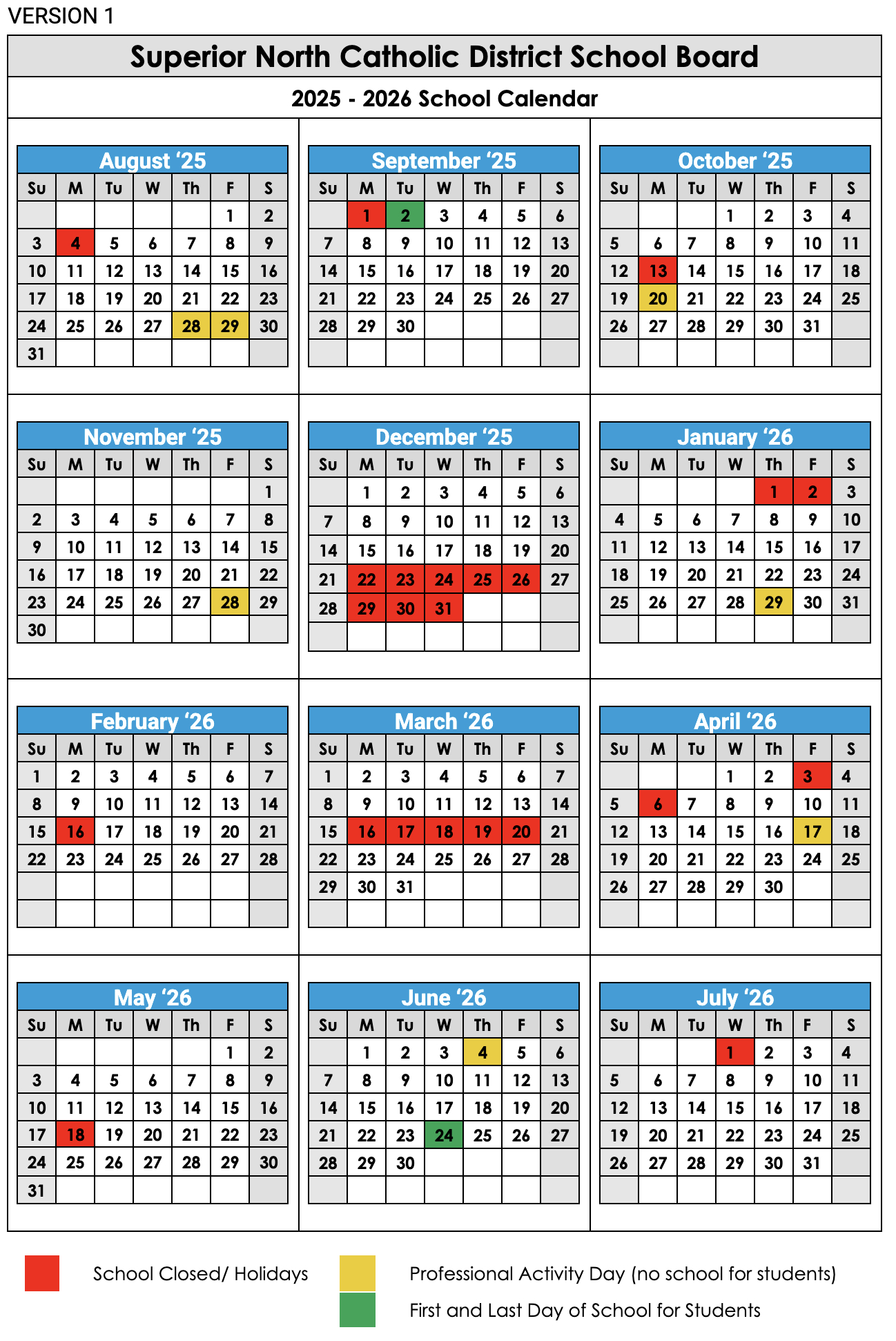 Proposed 2025-2026 School Year Calendar - Superior North Catholic in Catholic School Board Calendar 2026