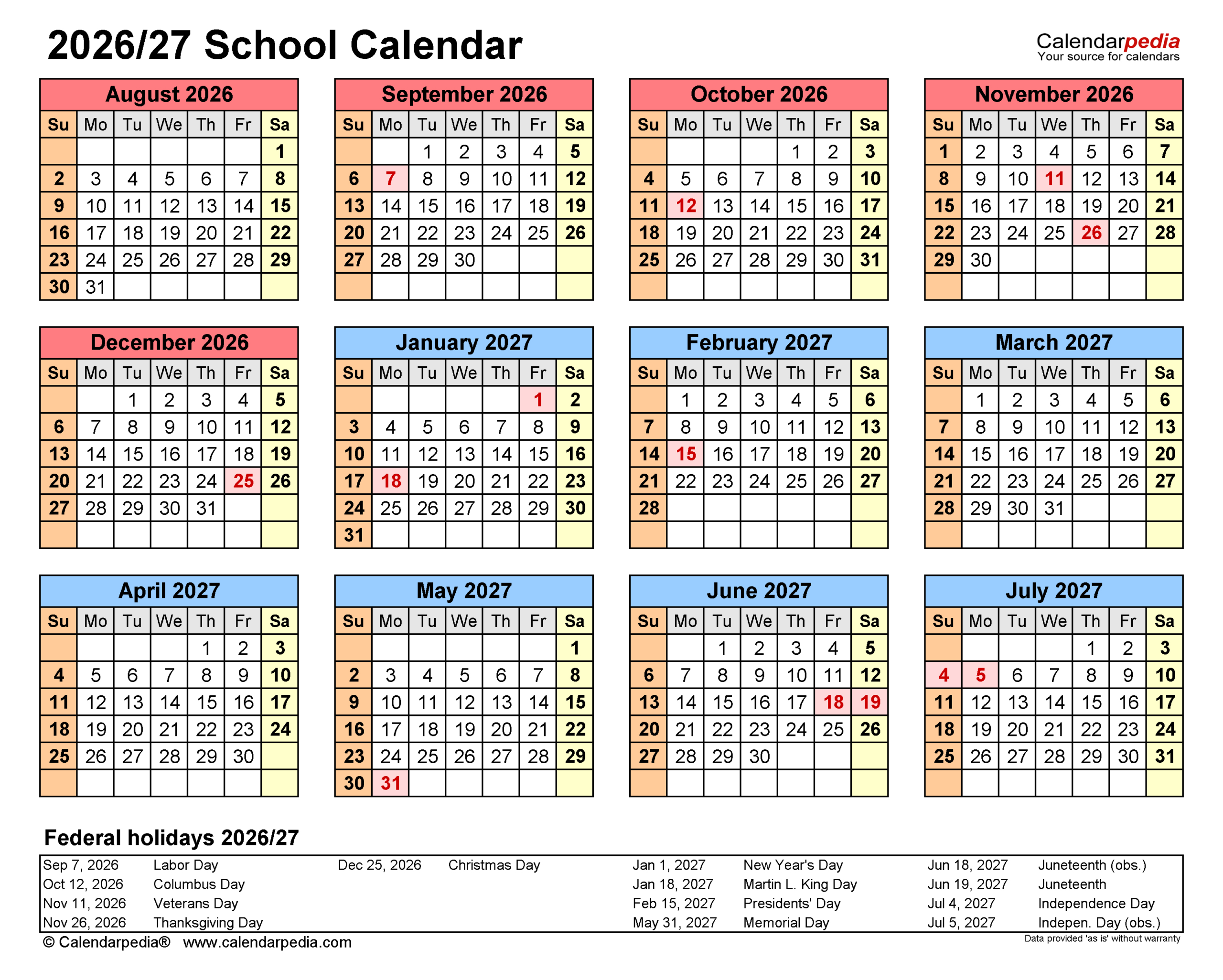 School Calendars 2026/2027 - Free Printable Pdf Templates for K12 Calendar 2026 - 2027