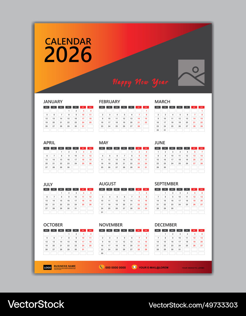 Wall Calendar 2026 Template Week Starts On Monday – Lizenzfreie throughout Calendar 2026 and 2026